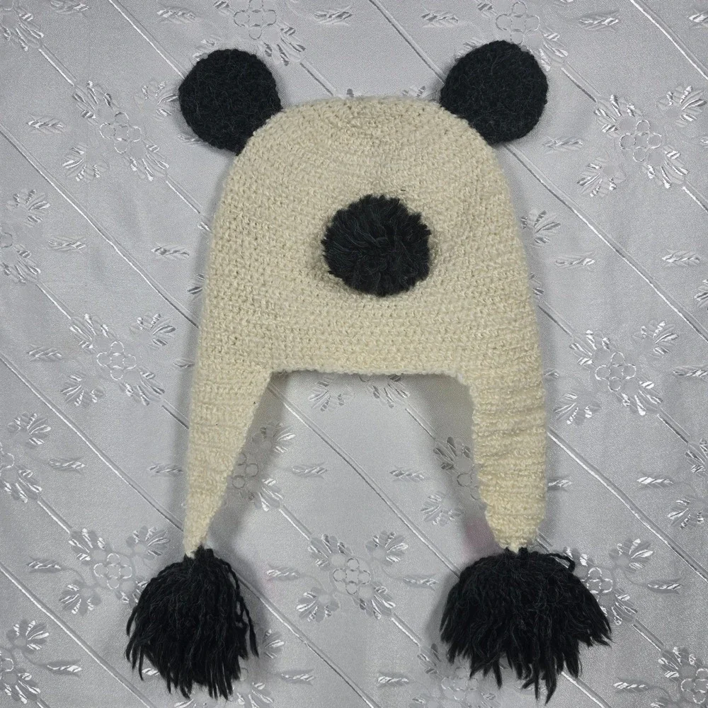 Peruvian Trading Co Erika Panda Knit Chullo Earflap Beanie Hat Cream Black Funny